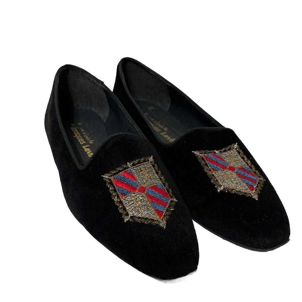 Jacques Levine Black Velour Embroidered Crest Flag Slippers Women’s Size 7B Nice